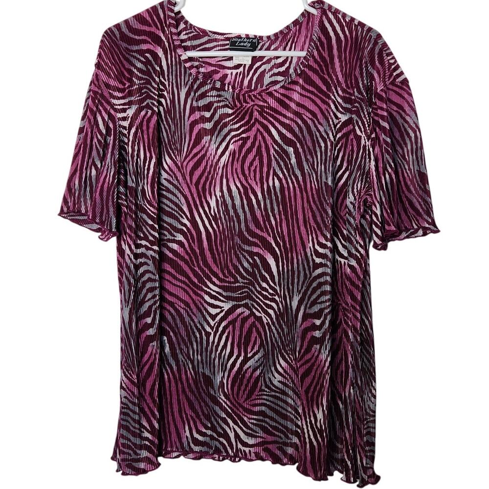 Southern Lady Purple Short Sleeve Zebra Print Crinkle Plisse Blouse Top Large